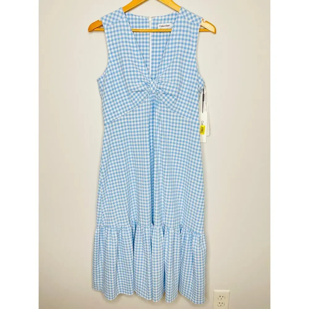 Calvin Klein Women’s Blue Gingham  Sleeveless Front Knot Midi Dress size 10 NWT - Picture 9 of 10